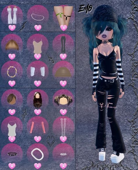 ·:*¨༺ ♱ dress to impress ♱ ༻¨*:· ·:*¨༺ ♱ theme: emo ♱ ༻¨*:· Dti Grudge Theme, Dti Emo Theme Outfit, Emo Dti Outfits Non Vip, Theme In Dress To Impress, Dti Hard Core Punk Theme, Themes In Dress To Impress, Dti Emo Outfit Idea, Dress To Impress Outfits For Themes, Dress To Impress Emo Theme