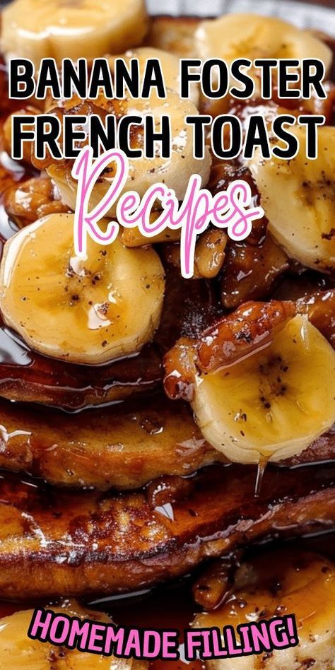 This Easy Bananas Foster French Toast is one of our favorite breakfast recipes! Crispy slices of buttery brioche are topped with a delicious homemade bananas foster sauce made from dark rum, butter, brown sugar, heavy cream, and crunchy pecans. Delicious on it’s on, but devilishly good with whipped cream or vanilla ice cream! Banana Foster French Toast Recipe, French Toast Recipe With French Bread, Banana Foster French Toast, Bananas Foster Sauce, Oven French Toast, Banana Foster Recipe, French Toast Brunch, Banana Bread French Toast, Banana Foster