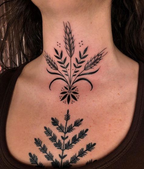 Throat Ornamental Tattoo, Fine Line Throat Tattoos Women, Front Neck Tattoos Women Simple, Ornamental Throat Tattoo, Ornamental Flower Tattoo Design, Women Throat Tattoo, Front Chest Tattoo Female, Black Neck Tattoo, Small Throat Tattoos Women