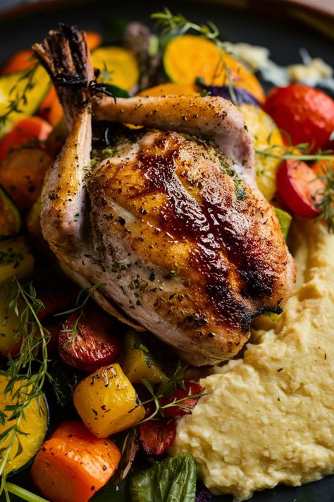 Roast chicken on a bed of mashed potatoes and colorful vegetables. Smoked Quail Recipes, Grilled Quail Recipes, Smoked Quail, Salmon Dip Recipes, Roasted Quail, Quail Recipes, Raising Quail, Sauce For Salmon, Unique Recipe