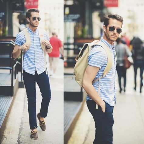 Guys, do #spring right! go for stripes, blue hues, boat shoes & light accessories! Those are my recommendations // tap for details & wear to buy! #NYC Travel Outfit For Men, Jeans Travel Outfit, Tshirt And Jeans, Gentleman Mode, Adam Gallagher, College Guys, Outfit For Men, Hipster Man, Men Style Tips