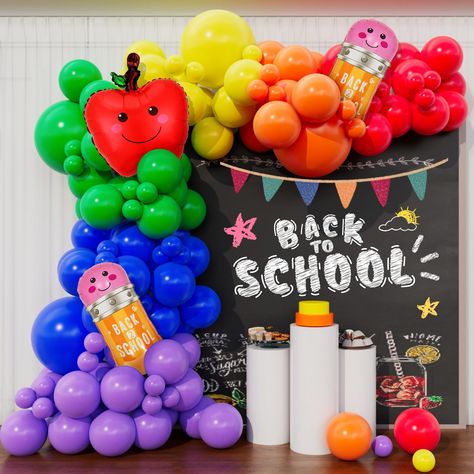 PRICES MAY VARY. Get ready for an exciting start to the school year with this colorful balloon garland, featuring a rainbow of colors symbolizing unity and diversity. By incorporating rainbow balloons into your back-to-school decoration, you can create a festive and lively atmosphere that celebrates the excitement of a new school year in a fun and colorful way! Whether you're hosting a back-to-school party, decorating a classroom, or sprucing up your home for the new academic season, this garlan Elementary School Graduation Party Ideas, Pre K Graduation Party, School Balloon Garland, Back To School Balloon Garland, School Dance Decorations, End Of Summer Party, Summer Party Decor, Balloon Stickers, Elementary School Graduation