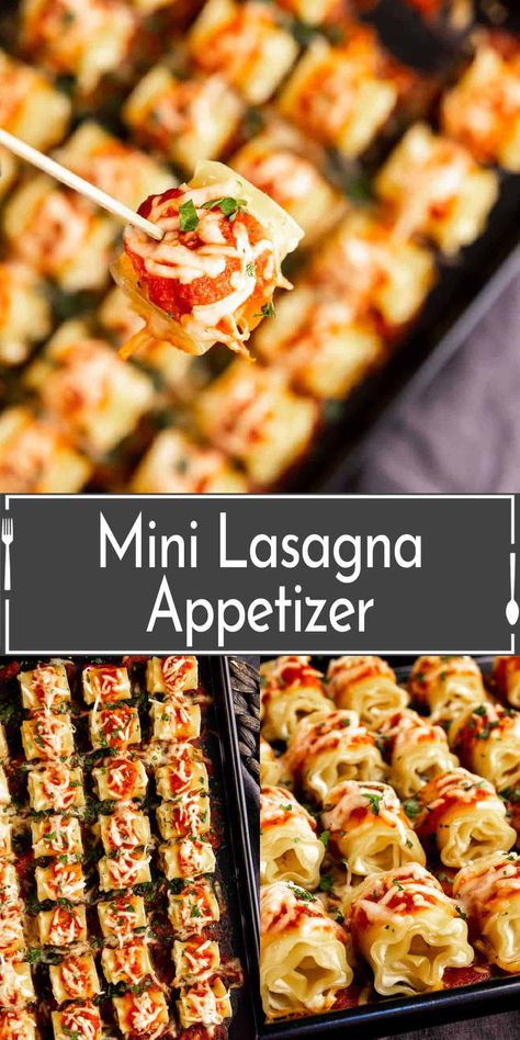 This mini lasagna appetizer is individual mini lasagna rolls filled with lemon ricotta and topped with a fresh tomato sauce. A one-bite appetizer that is perfect for parties! Bolognese Lasagna Bites, Lasagna Bites Recipe, Lasagna Bites Appetizers, New Year’s Eve Appetizers, Lasagna Appetizer, Nye Apps, Pasta Bites, Special Appetizers, New Years Eve Appetizers