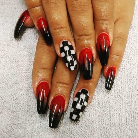 Vans Nails, Racing Nails, Nails With Red, Black Flames, Flame Nails, Pink Tip Nails, Checkered Nails, Red Flames, Edgy Nails