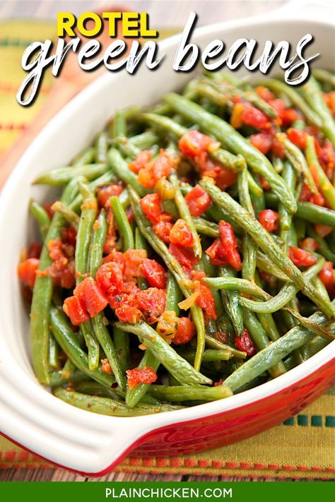 Southwestern Green Beans with Rotel- only 4 ingredients and ready in about 20 minutes! Oven-roasted green beans, Mexican Rotel tomatoes, olive oil and southwestern seasoning! Easy side dish with great flavor! We love to serve these with Mexican casseroles! Use gluten-free taco seasoning for a gluten-free side dish. Green Beans And Cherry Tomatoes, Southwestern Seasoning, Green Beans With Tomatoes, Fiesta Rice, Extra Tomatoes, Beans Mexican, Oven Roasted Green Beans, Mexican Casseroles, Verde Chicken