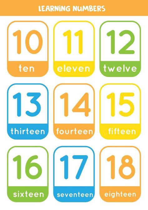 Learning numbers cards from 11 to 20. Colorful flashcards. 11-20 Number Activities, Numbers 11-20, Free Numbers 1-20 Printables, Numbers Preschool Printables, Media Pembelajaran, Number Identification, Kindergarten Learning Activities, Numbers Preschool, Number Words