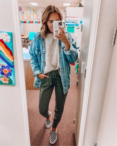 Teacher Causal Outfits, Jean Jacket Outfits Teacher, Casual Field Trip Outfit, Comfy Casual Teacher Outfits Winter, Dress Down Teacher Outfit, Pe Teacher Outfits Female Casual, Day Care Worker Outfit, Teacher Shacket Outfit, Teacher Jeans Day Outfit Winter