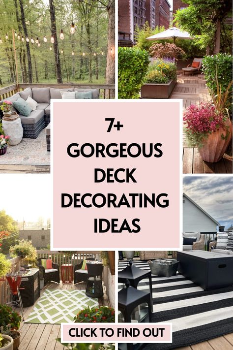 7 deck decorating ideas Decking Garden Ideas, Covered Deck Decorating Ideas, Outdoor Deck Decorating Ideas, Outdoor Deck Decorating, Deck Inspiration, Deck Design Ideas, Large Patio Umbrellas, Deck Decor, Deck Installation