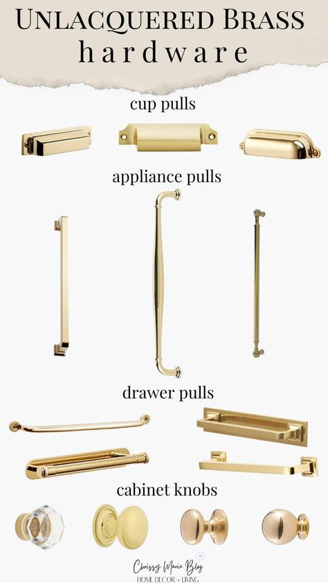 Restoration Hardware Pulls, Gold Pulls Kitchen, Polished Brass Kitchen Hardware, Kitchen Cabinets Drawer Pulls, Rejuvenation Hardware, Unlacquered Brass Hardware, Brass Flush Mount Light, Brass Kitchen Hardware, Antique Brass Kitchen