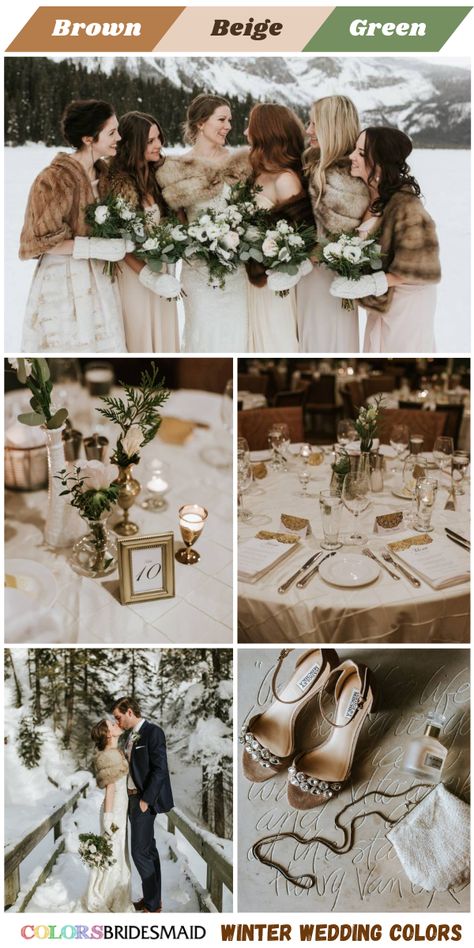 All 30+ Winter Wedding Color Palettes - ColorsBridesmaid Winter Color Schemes Wedding, January Wedding Color Schemes, January Wedding Color Palette, Winter Wedding Theme Colors, White And Gold Winter Wedding, Champagne Winter Wedding, Winter Wedding Palette, Winter Wedding Bridesmaid Dresses, Country Winter Wedding