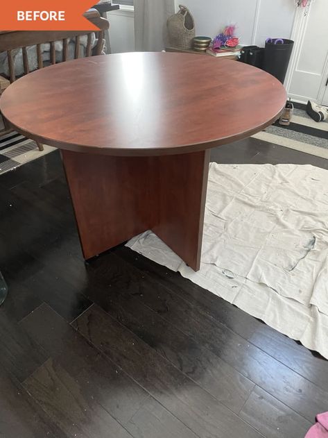 Painting Laminate Table, Table Top Redo, Round Office Table, Diy Table Makeover, Round Conference Table, Laminate Table, Laminate Furniture, Laminate Table Top, Old Table