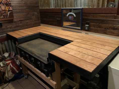 Created a Benihana style surround for my Blackstone Griddle. I might add a foot rest as well as another side in section to make larger so people can sit around the entire table. Griddle Table Outdoor, Blackstone Surround Table Diy, Blackstone Hibachi Table, Table For Blackstone Griddle, Black Stone Griddle Set Up, Griddle Table Outdoor Diy, Diy Hibachi Grill Table, Built In Blackstone Griddle Outdoor, Blackstone Station