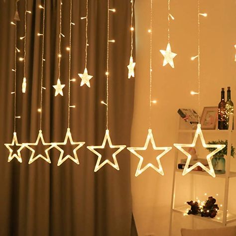 Led Star Lights, Wall String Lights, String Lights In The Bedroom, Star String Lights, Diwali Lights, Fairy Lights Bedroom, Led Curtain, Ramadan Decoration, Curtain String Lights