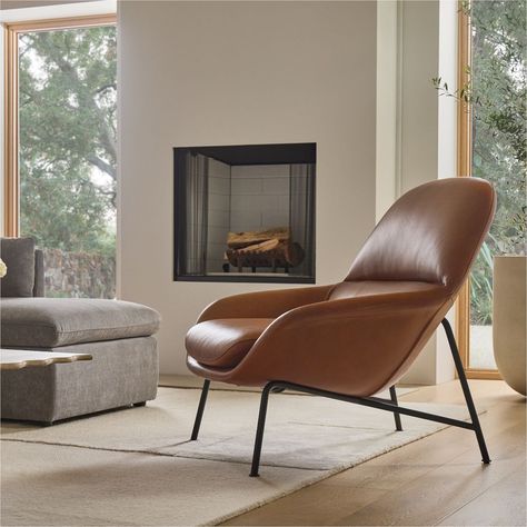 Leather Chairs Sitting Room, Leather Mid Century Chair, Mid Century Leather Chair, Apartment Livingroom, West Elm Sofa, Cali Beach, Modern Leather Chair, Upholstered Chairs Fabric, Mid Century Ottoman