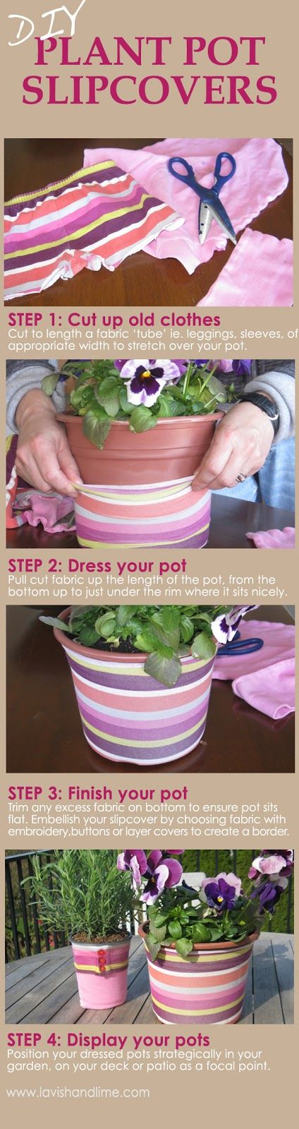 Reuse old clothes for these easy DIY plant pot slipcovers Diy Plant Pot Cover, Landscaping Porch, Porch Crafts, Diy Plant Pot, Upcycle Plastic, Plastic Garden, Plant Pot Diy, Container Vegetables, Planting Pots