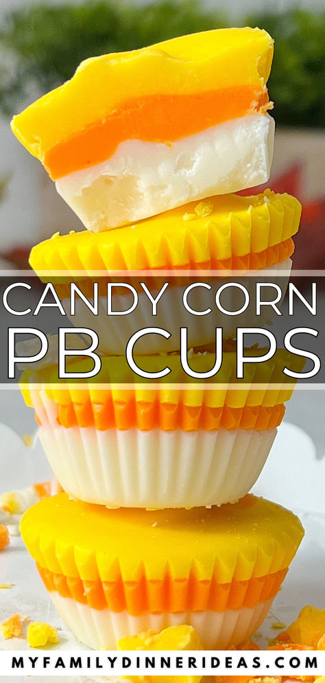 Candy corn peanut butter cups Candy Corn Recipes, Candy Corn Recipe, Caramel Apples Homemade, Butter Candy, Ice Cream Business, Fall Candy, Candy Cup, Spooky Food, Peanut Butter Candy