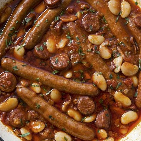 Sausage, Chorizo and Butter Bean Casserole | Winter recipes Tomato Butter, Sausage Casserole, Spicy Sausage, Butter Beans, Bean Casserole, Sausages, Winter Food, One Pot Meals, Family Meals