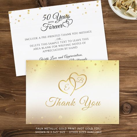 50th Anniversary Monogram Hearts Gold Thank You Notes Of Appreciation, 50 Golden Wedding Anniversary, Monogram Hearts, Foil Printing, Golden Wedding Anniversary, Elegant Typography, Thank You Messages, Calligraphy Script, Golden Wedding