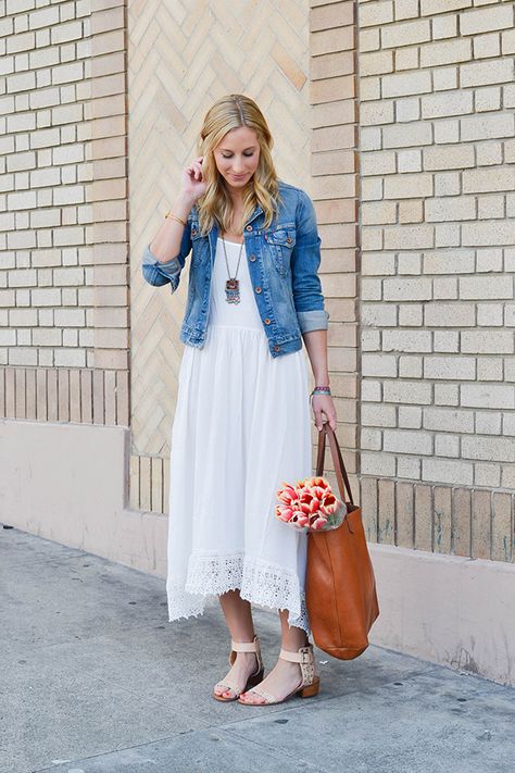 spring bohemian vibe with an airy, white maxi dress Sundress With Denim Jacket, White Dress With Denim Jacket Outfit, White Dress Jean Jacket Outfit, White Dress With Jean Jacket, Dress With Denim Jacket Outfit, White Dress With Denim Jacket, Dress And Denim Jacket Outfit, Dress And Jacket Outfit, Dress With Denim Jacket