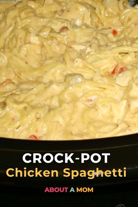 Make dinnertime a breeze with our Cheesy Chicken Spaghetti! Crockpot convenience meets classic comfort in this family-favorite recipe. Crock Pot Chicken Spaghetti Velveeta, Cheesy Chicken Spaghetti Crockpot, Chicken Speggetti Recipes Velveeta, Crockpot Chicken Spaghetti With Velveeta, Velveeta Chicken Spaghetti, Crockpot Cheesy Chicken Spaghetti Recipe, Chicken Spaghetti With Velveeta, Spaghetti Crockpot, Chicken Spaghetti Velveeta