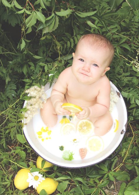 Baby Boy Milk Bath Photoshoot, Lemon Milk Bath, Summer Milk Bath, Boy Milk Bath Photoshoot, Apple Milk Bath Photos, 2nd Birthday Photography, Sunshine And Lemons, Summer Milk Bath Baby, Baby Fruit Bath Photoshoot