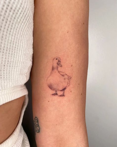 Goose Fine Line Tattoo, Mother Goose Tattoo, Fine Line Duck Tattoo, Matching Duck Tattoo, Duck Tattoo Ideas, Goose Tattoo, Line Drawing Tattoos, Rooster Tattoo, Duck Tattoos