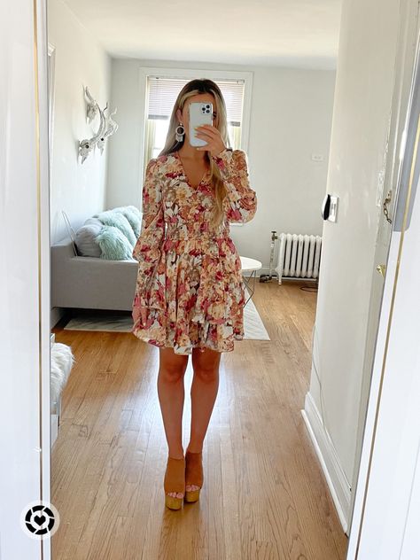 Floral Dress, Spring Dress, Wedding Guest Dress, Platforms, Spring Aesthetic, Mini Dress, Long Sleeve Dress, Bridal Shower, Easter Dress, Statement Earrings, Summer Party Aesthetic Brewery Wedding Guest Outfit, Bridal Brunch Outfit Guest, Summer Party Aesthetic, Aesthetic Mini Dress, Bridal Shower Guest Outfit, Floral Dress Spring, Fall Wedding Gowns, Meadow Dress, Formal Wedding Attire