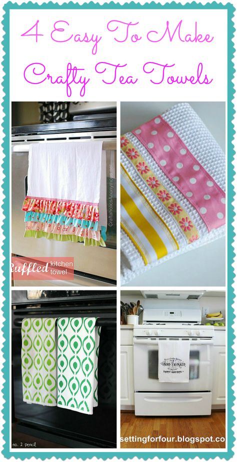 4 easy to make tea towels Dish Towels Diy, Frog Diy, Sew Ideas, Tea Towels Diy, Diy Dish, Market Booth, Sewing Tricks, Diy Towels, Pretty Tea