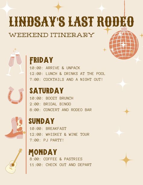 "Kick off your bestie's \"Last Rodeo\" with this fully customizable itinerary! Use this template to outline your groups country weekend featuring the cutest designs to bring the theme to life. Can be adapted for birthday parties etc.  You will receive a digital file with a link to a fully customizable Canva template, exactly as pictured in the listing. Enjoy!  Keywords: Bachelorette Party, Last Rodeo, Itinerary, Nashville, Austin, Rodeo, County Music, Disco, Cowboy" Last Rodeo Itinerary, Bachelorette Weekend Nashville, Neutral Last Rodeo Bachelorette, Austin Bachelorette Itinerary, Bachelorette Party Themes Last Rodeo, Getting Rowdy Bachelorette, Nashville Weekend Itinerary, Last Rodeo Bachelorette Party Games, Last Rodeo Themed Bachelorette Party