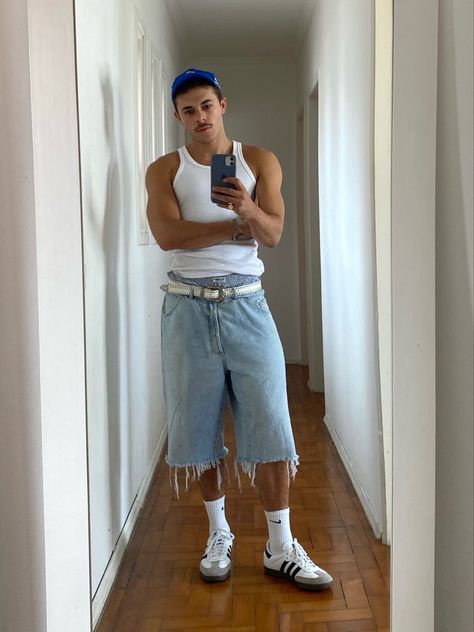 Tank Top And Jorts Outfit Men, Tanktop Outfit Boys, Tank Tops Outfits Men, Tank Top Outfits Men Street Styles, Tank Top Outfits Men, Denim Summer Outfits, Gay Club Outfit, Boys Aesthetic Outfits, Aesthetic Male Outfits