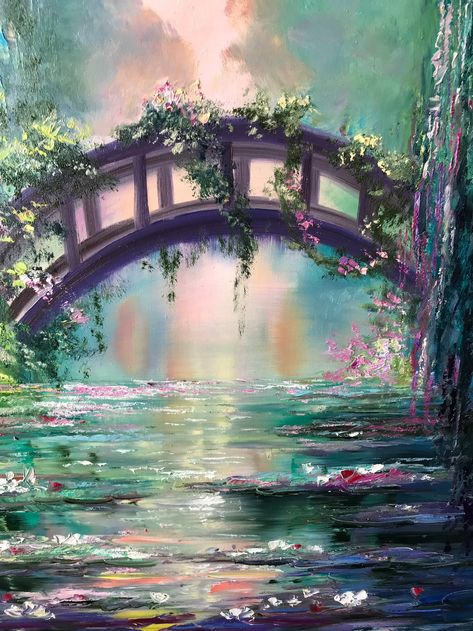 Claude Monet Painting on Canvas japanese Bridge | Etsy Bulgaria Bridge Over Water Painting, Cute Room Painting Ideas Canvas, Monet Bridge, Nature Pond, Water Lilies Painting, Japanese Bridge, Claude Monet Water Lilies, Pond Painting, Grass Painting