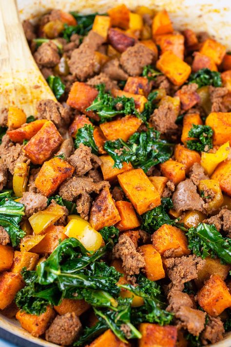 Turkey Scramble, Sweet Potato And Sausage, Turkey Breakfast Recipes, Turkey Hash, Turkey Neck Recipe, Eggs And Kale, Sweet Potato Breakfast Hash, Turkey Italian Sausage, Gluten Free Turkey