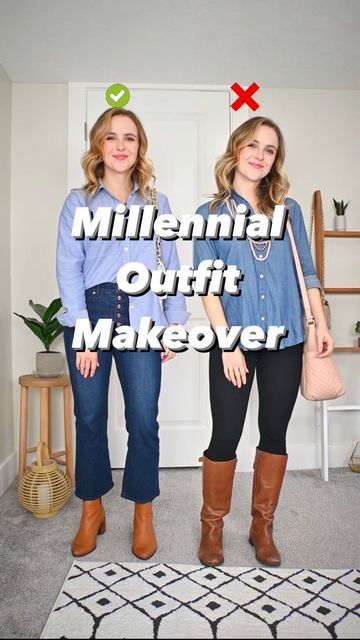 Millenial Outfit Makeover, Millennial Makeover Fashion, Millenial Makeover, Update Millenial Outfits, Millennial Outfit Makeover, Chambray Shirt Outfit Fall, Updating Millennial Outfits, Chambray Shirt Outfit For Work, Millenial Outfit Ideas