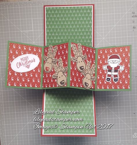 A fun and interactive Christmas Card. This Pop and Twist card will definitely impress anyone who sees it!  Visit Lilypadstamper.com for the list of supplies. Pop And Twist Cards, Twist Pop Up Card, Twist And Pop Cards, Pop Up Card Christmas, Christmas Card For Kids, Recycle Christmas Cards, Twist Pop, Christmas Cards Kids, Fancy Fold Card Tutorials