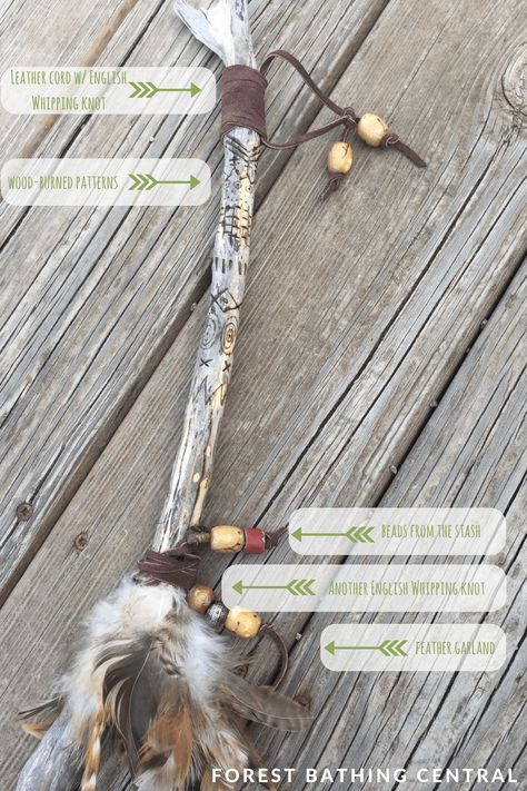 Decorate a walking stick for your forest bathing shinrin-yoku walks. Decorated Walking Sticks, Talking Sticks, Unique Walking Sticks, Spirit Sticks, Decorating With Sticks, Handmade Walking Sticks, Painted Driftwood, Driftwood Art Diy, Wood Burning Tool