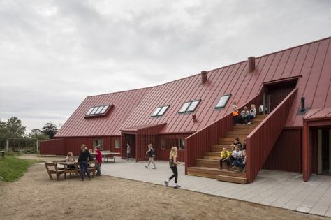 Architecture: Youth Centre in Roskilde, Denmark by CORNELIUS+VÖGE architects. Spotted by @missdesignsays #contentcurator #allgoodthingsdanish #designblog #designblogger #denmark #scandinavia via @ArchDaily cc @cornelius + vöge Roof, Stairs, Architecture, Building, Red