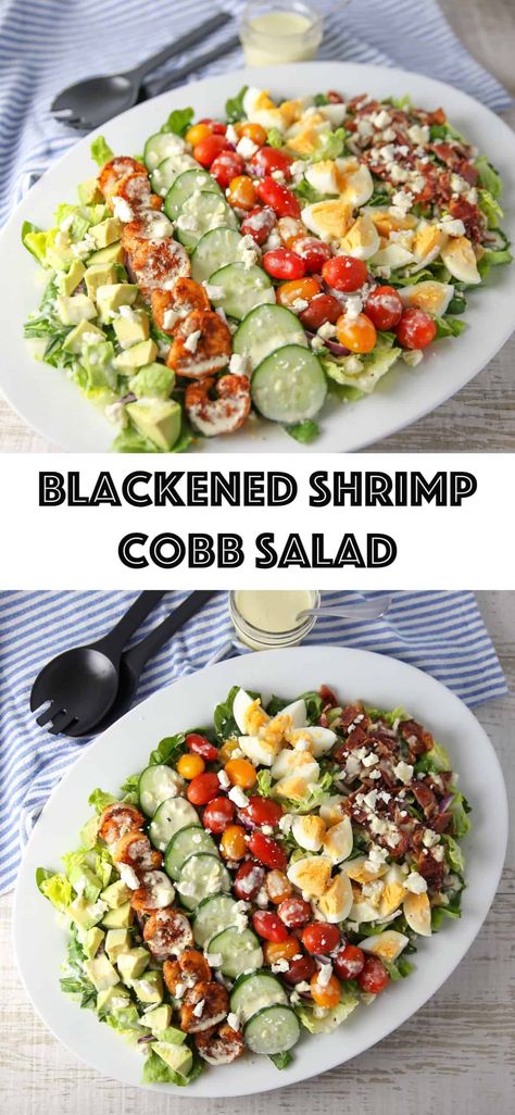 Blackened Shrimp Cobb Salad - Tastefulventure Cobb Salad Shrimp, Cobb Salad With Shrimp, Salad Shrimp Recipes Healthy, Blackened Shrimp Salad Recipes, Wednesday Dinner Ideas Healthy, Shrimp Cobb Salad Recipes, Healthy Seafood Recipes Clean Eating, Healthy Shrimp Lunch, Blackened Shrimp Recipe