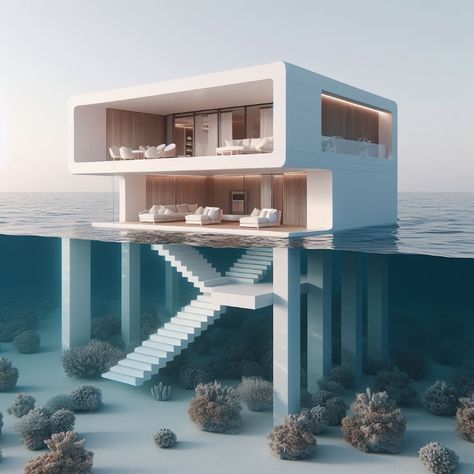 AI house under water. House Under Water, House On Water, Modern Home Exteriors, Under Water World, Underwater House, Water Architecture, Futuristic World, Project House, Water House