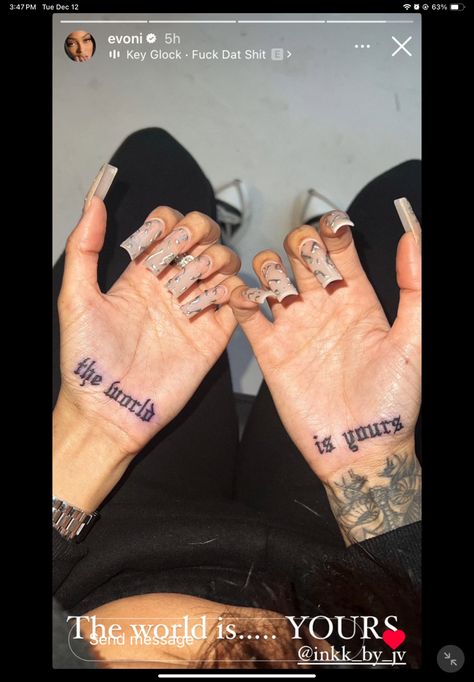 Hand Quote Tattoos For Women, Word Finger Tattoos For Women, Finger Tattoo Black Women, Hand Tattoos Writing, Hand Word Tattoos, By Any Means Necessary Tattoo, Hip Hop Tattoo Ideas, Ja Tattoo, Palm Tattoo Hand