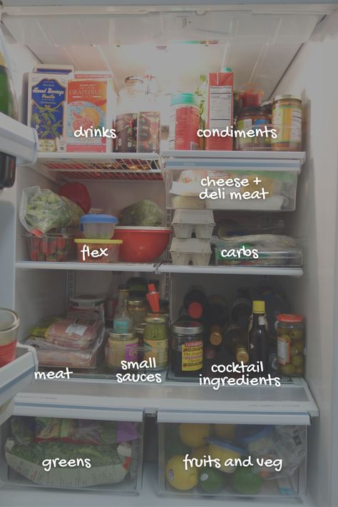 Make meal prep and meal planning easier with these fridge organization zones! This fridge organization works for home cooks who keep lots of ingredients on hand - plus, it doesn't cost a ton of money. Read the post for more tips to create your own organized fridge. Pantry And Fridge Organization, Sauce Organization Fridge, Apartment Fridge Organization, Small Fridge Storage, Organized Fridge Healthy, Basic Fridge Necessities, Organized Stocked Fridge, Organizing Condiments In Fridge, Small Fridge Organization