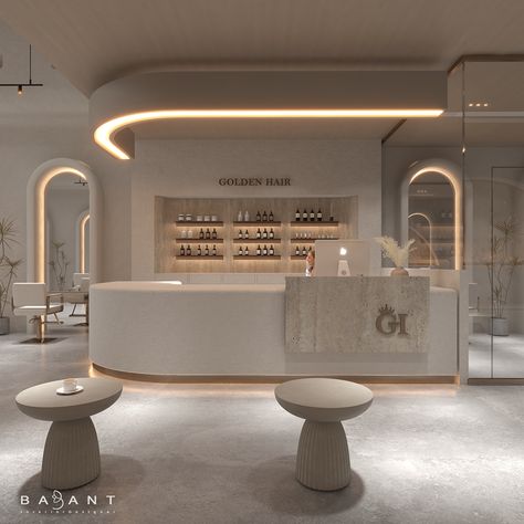 Beauty Salon :: Behance Exterior Beauty Salon, Luxury Salon Waiting Area, Minimalist Hair Salon Interior Design, Medspa Reception Area, Nail Bar Design, Spa Salon Design, Medspa Design, Luxury Beauty Salon Design, White Gold Interior