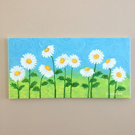 Paintings For Home Decor Canvases, Painting Daisies Easy, Daisy Easy Painting, Patings Art Ideas, Flower Painting For Kids, Paint Daisy Easy, Easy Spring Paintings, Daisy Flower Acrylic Painting, Daisy Flower Canvas Painting