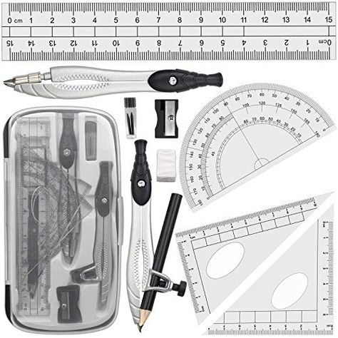 About this item Geometry Compasses with Protractor, Set Squares, Ruler for Students 2 Geometry Compasses Protractor, 2 Set Squares, 1 Ruler for accurate measurements Starter maths set for school, ready for exams and college course Comes in a carry case Math Set for School and Measuring Compass For Drawing Circles, Compass Math, Drawing Circles, Sets Math, Bad Set, Drafting Tools, College Courses, Back To School Essentials, Drawing Supplies