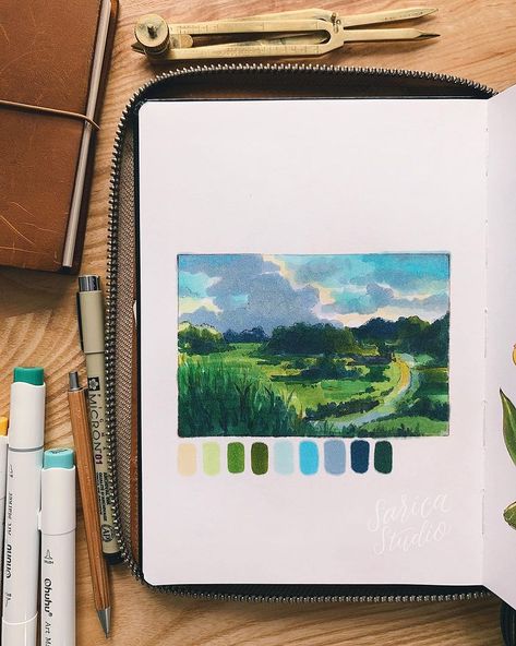 This is where I’d rather be right now 🍃 Recreated a Studio Ghibli landscape for practice. The softness of alcohol markers makes rendering… Colored Markers Art, Alcohol Marker Landscape, Things To Draw With Alcohol Markers, Mini Envelope Template, Studio Ghibli Landscape, Art With Markers, Marker Art Ideas, Ghibli Landscape, Envelope Template Printable