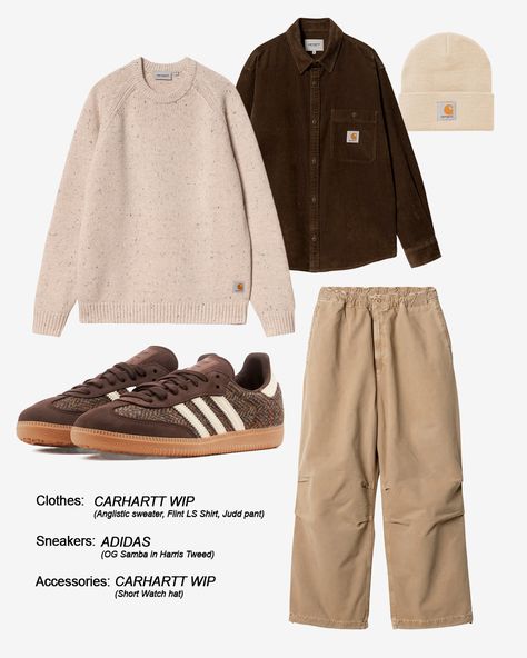 Outfit Breakdown: Urban Chic Carhartt WIP collection available in store & online. This classic yet contemporary outfit perfectly captures the Urbanstar streetwear vibe. The neutral color palette and layered pieces create a timeless look that's both comfortable and stylish. #OOTD #Urbanstar #OutfitInspiration #Menswear #Streetwear #CarharttWIP #Adidas #OGSamba Contemporary Outfits, Urban Chic, Neutral Colour Palette, Online Store, Outfit Inspirations, Street Wear, Color