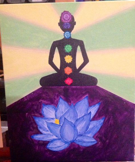 Chakra painting w/ lotus. Acrylic on canvas Zodiac Painting Ideas Sagittarius, Chakra Painting Ideas On Canvas, Chakra Painting Canvas, Chakra Painting Ideas, Spiritual Paintings Easy, Painting Inspiration Acrylic, Buddha Room, Yoga Art Painting, Chakra Painting