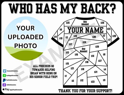 This who has my back? fill in fundraiser / black out my board/ pick a date to donate calendar is perfect for your fundraising event! THIS IS AN EDITABLE TEMPLATE. ALL YOU HAVE TO DO IS PLUG IN YOUR INFORMATION! Need an easy way to raise money? Participants pick their spot and pay that amount! Great for Facebook and Instagram!  Include your Cashapp, Venmo, Paypal, Facebook pay, etc. when posting this on your social media, so that it makes it easier for people to pay! Minimal investment and effort but maximum results! You can raise $496 + there are 2 "any amount" spots, that someone can donate as much as they'd like! Easy to access! You will receive your file shortly after purchase!! (See listing photos on how to access your file) After you receive it, you will get a link to the editable tem Buy A Square Fundraiser Board, Football Fundraiser, Sports Fundraisers, Fun Fundraisers, Auction Fundraiser, Fundraising Event, Parade Float, Black Out, Fundraising Events