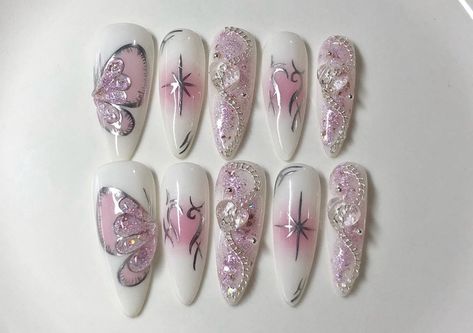 Chinese Nails Designs, Feb Nails, Chinese Nails, Nail Template, Coquette Nails, Korean Nail Art, Asian Nails, Punk Nails, Baddie Nails