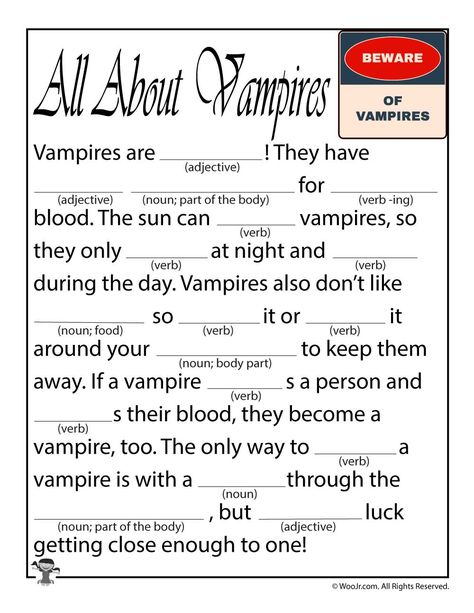 Horror Mad Libs for Kids | Woo! Jr. Kids Activities Halloween Mad Libs, Vampire History, Therapeutic Art Activities, Halloween Lesson, Fun Halloween Party Games, Halloween Party Activities, 2nd Grade Activities, History Worksheets, Ad Libs