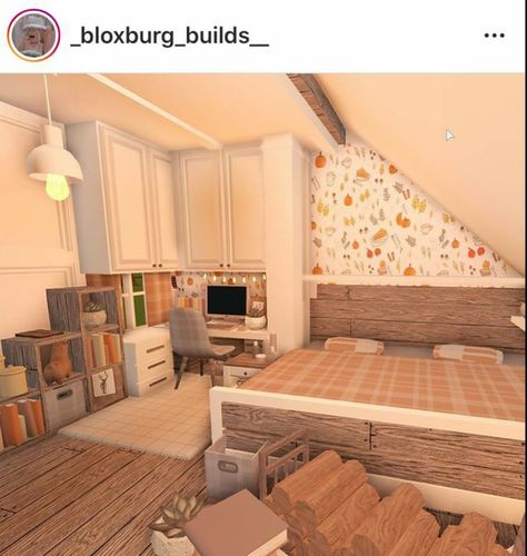 Fall Bedroom Bloxburg Ideas, Fall Bedroom Bloxburg, Bloxburg Fall Room Ideas, Fall Bloxburg Houses, Bloxburg Office Ideas, Bloxburg Fall House, Roblox Builds, Bloxburg Aesthetic, Bloxburg House Ideas Boho